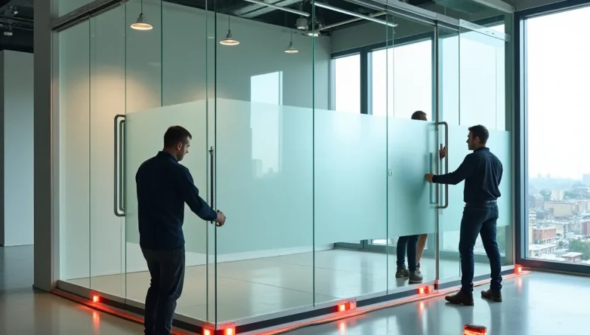 Tecnico che verifica le quote con laser durante la posa di una parete mobile vetrata in ufficio