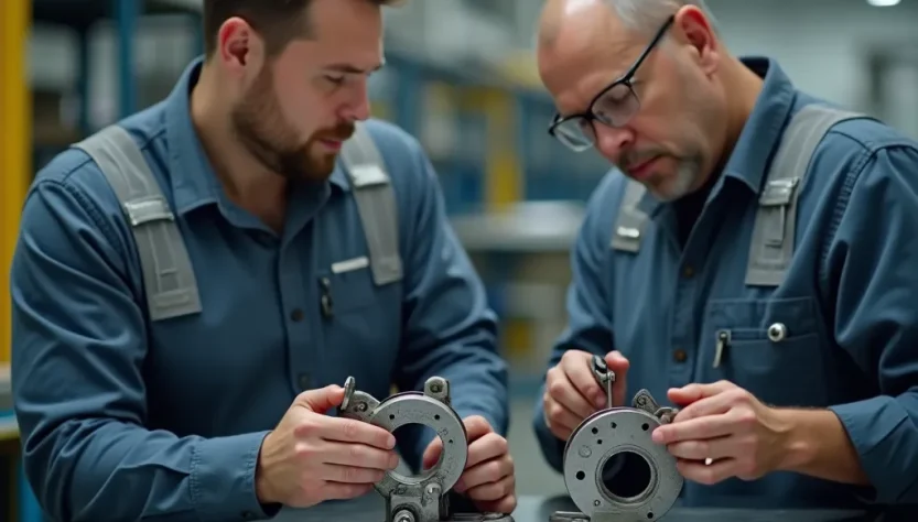 Buyer industriale confronta due anellatrici professionali su un banco con schede tecniche in reparto produttivo