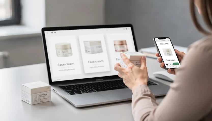 Consumatrice che confronta online tre creme viso controllando etichetta e dettagli di conformità