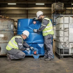 Controllo tecnico di fusti industriali e cisternetta IBC usati in un impianto di rigenerazione
