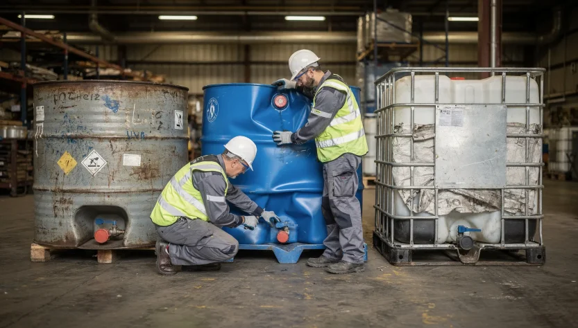 Controllo tecnico di fusti industriali e cisternetta IBC usati in un impianto di rigenerazione